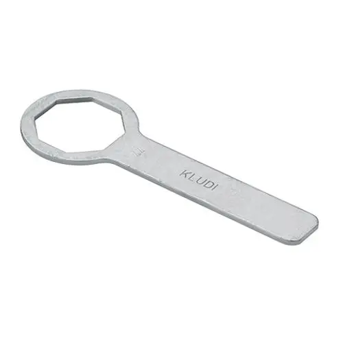 Spannschraubenschlüssel aus Metall mit einem flachen Griff und einem sechseckigen Kopf. Produkt von Kludi zur Anwendung bei bestimmten KLUDI-Geräten.